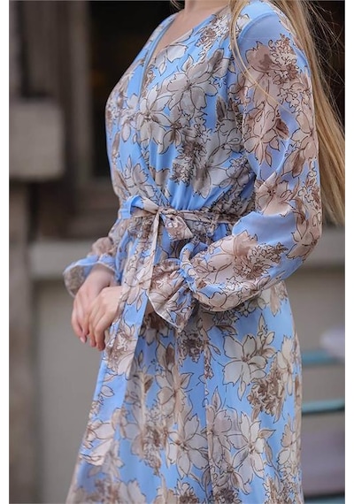 Neşeli Butik Kadın Mavi Kruvaze Yaka Çiçek Desenli Midi Elbise Rssn29 Mavi