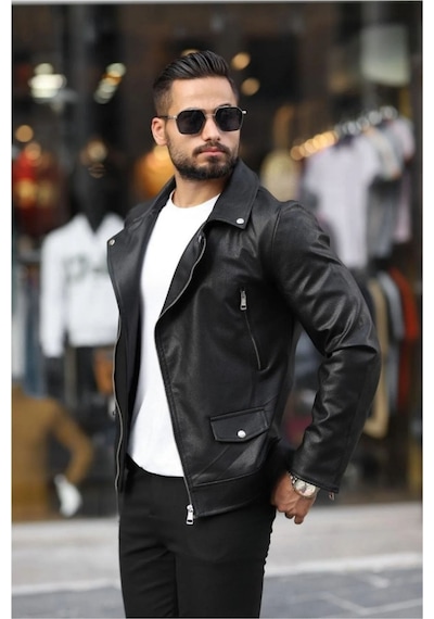 Prifaldi Erkek Biker Kemerli Deri Ceket Siyah