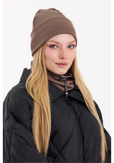 Butikgiz Kadın Balıkçı Style Pamuklu Kaşkorse Terletmez Ultra Hafif Yumuşak Bere Boyunluk Takım Kahverengi