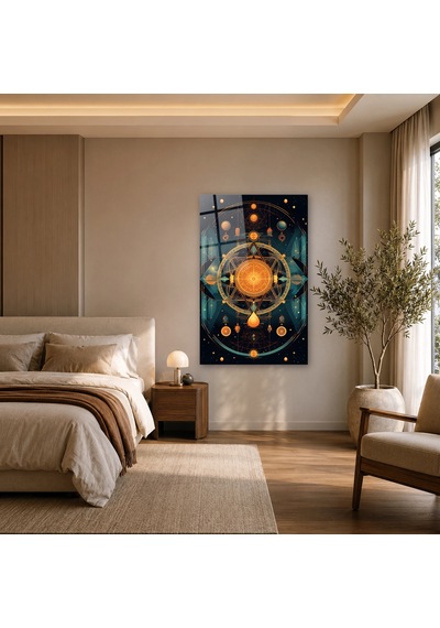 Turuncu Turkuaz Kozmik Geometri Çerçevesiz Cam Tablo