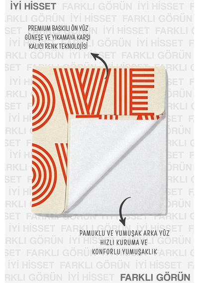 Love Yazılı Modern Plaj Havlusu - Geometrik Tipografik Krem Turuncu Hızlı Kuruyan Mikrofiber Havlu Çok Renkli