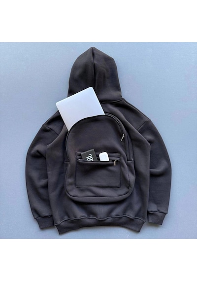 Freedom Storee Kadın 3 İplik Şardonlu Tam Fermuarlı Kapüşonlu Arka Çanta Detaylı Sweatshirt - Siyah Çok Renkli