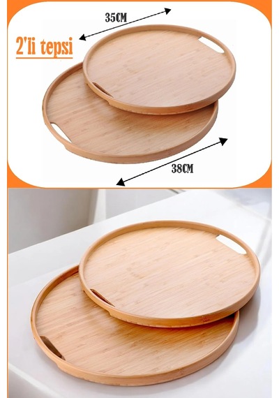 2'li Bambu Tepsi Seti, İnce Tasarım Özel Üretim Yuvarlak 2'li Bambu Tepsi Seti 35x35 & 38x38 Açık Bej