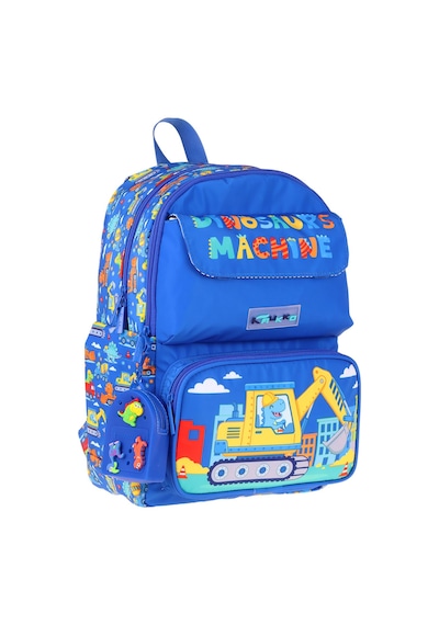 Kaukko Kids Erkek Çocuk Dinazor Ve İş Makinesi Baskılı Okul Çantası - Mavi - Sarı - Mechanic - L5369 Çok Renkli