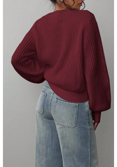 Tarz Cool Kadın Bordo Oversize Bisiklet Yaka Balon Kol Fitilli Triko Kazak Bordo