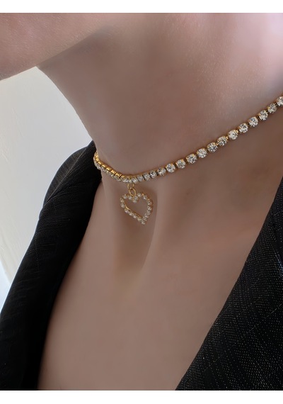 Tek Sıralı Kalp Figürlü Kristal Taşlı Choker Tasma Silver Gold Kolye Altın