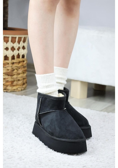 Asmi Shoes Kadın Pavro Süet İçi Kürklü Kalın Taban 4.5 Cm Mini Kısa Bot Siyah Siyah