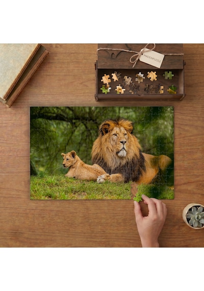 Anne Ve Küçük Yavru Aslan Tasarımı 240 Parça Ahşap Puzzle Ahşap Kutuda Mpy50110