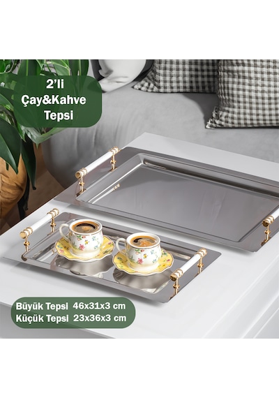 Porsima Yüzük 2li Paslanmaz Çelik Gümüş Sunum Tepsisi Gold Beyaz