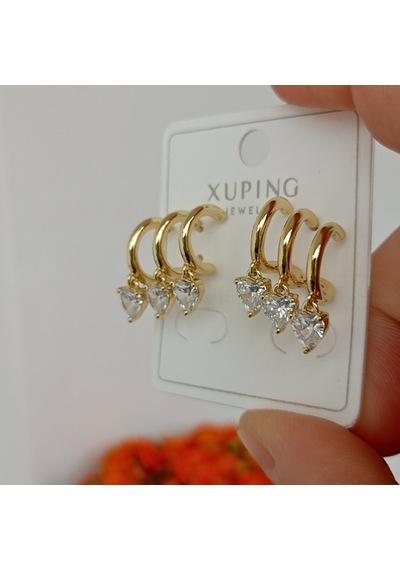 Lente Aksesuar Xuping Zirkon Taşlı 3 Lü Görünümlü Sallantılı Kalp Küpe Altın