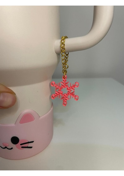Kar Tanesi Model Quencher Termos Bardak Aksesuarı Zincirli Dekoratif Süs Pembe