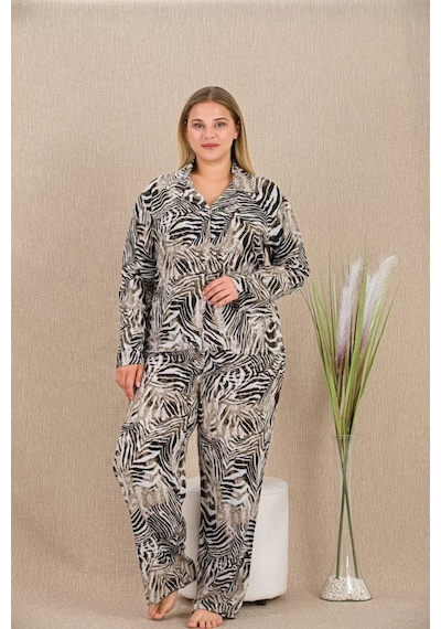 Naam Büyük Beden Çizgili Düğmeli Uzun Kol Viskon Pijama Takımı Çok Renkli