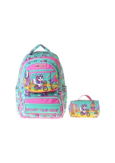 Kaukko Kids Cat Bike Yeşil - Pembe Kız Çocuk İlkokul Sırt Çantası Ve Kalem Çantası Seti - Setkk-l5328c Çok Renkli