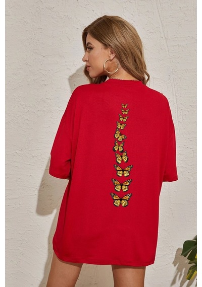 Unisex Sırt Kral Kelebek Baskılı T-shirt Kırmızı