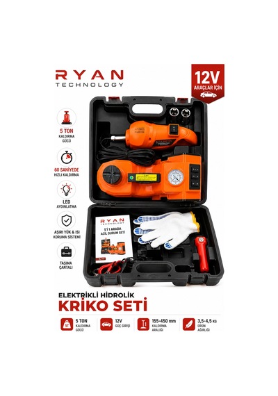 5 Ton Hidrolik Araç Krikosu 12v 4in1 Elektrikli Kriko Seti Hava Kompresörü Bijon Sökme Anahtarı Lastik Değiştirme Led Rj-5t