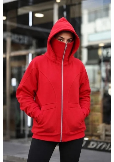 DefyModa Maskeli Ninja Model Çift Kapüşonlu 3 İplik Şardonlu Fermuarlı Oversize Sweatshirt - Kırmızı