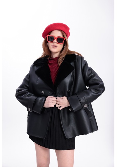 M M Marki Marki Hakiki Deri Kadın Mont Siyah İçi Kürklü Kruvaze Düğmeli Blazer Model 70 Cm - 120522