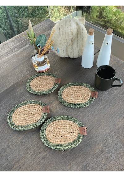 4 Adet Oval Dekoratif Bardak Altlığı Seti - Yuvarlak , Leke Tutmaz - Naturel-yeşil 13x17 Cm Yeşil