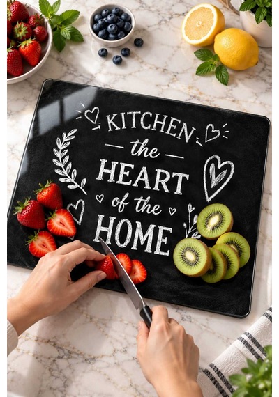 Gökçeoğlu Cam Kesme Tahtası Kitchen The Heart Of The Home Temalı Siyah- Cam Kesme Tablası 20cm X 30cm Çok Renkli