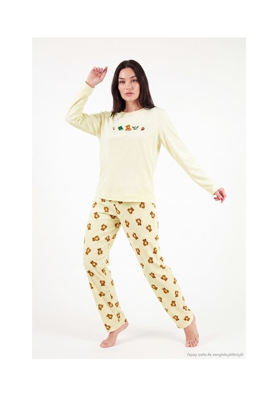 Lela Desenli Yumuşak Dokulu Uzun Kollu Pijama Takımı Kadın Pijama Takımı 6575016 Sarı sari