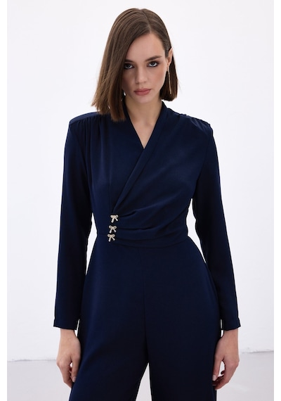Sateen Fiyonk Aksesuarlı Krep Tulum - Lacivert-136703 Lacivert