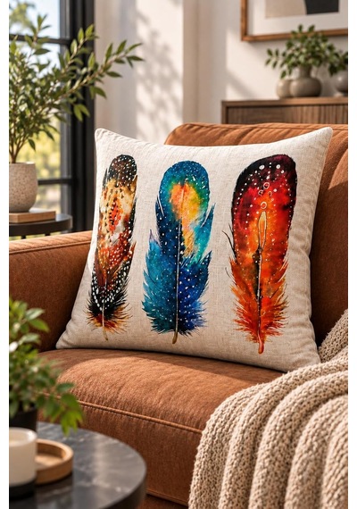 4'lü Set Bohem Etnik Tüy Motifli Dekoratif Kırlent Kılıfı 43x43 Cm - Renkli Dijital Baskılı Salon Yastık Kılı Diğer