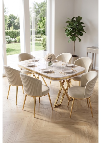 Nisare Serisi 90x168 Lak Panel Beyaz Mermer Desen Masa Takımı Gold Ayaklı 6 Sandalye Beyaz Mermer Desen Masa Krem Sandalye Gold Ayak Nisare Serisi 90x168 Lak Panel Beyaz Mermer Desen Masa Takımı Gold Ayaklı 6 Sandalye Beyaz Mermer Desen Masa Krem Sandalye Gold Ayak