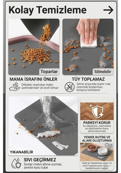 MAtGo Pati Evcil Hayvan Beslenme Matı Kemik Figürlü Su Geçirmez Kaymaz Gri Kedi Köpek Mama Paspası 50 x 70 CM
