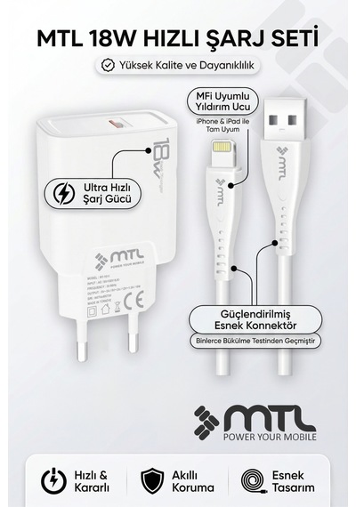 18w Qc 3.0 Destekli Hızlı Usb Adaptör + Lightning Apple Uyumlu iPhone Usb Kablo Hızlı Şarj Seti Mt1313
