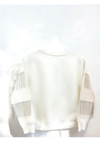 Kız Çocuk Yüzde Yüz Pamuklu İki İplik Zincir Detaylı Sweatshirt-14446 Ekru