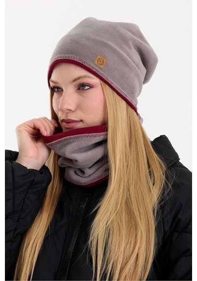Butikgiz Kadın Dış Kısım Polar, İç Kısım Kaşkorse Pamuklu, Çift Renk, Çift Kat, Katlanabilir Bere Boyunluk Set Gri-bordo