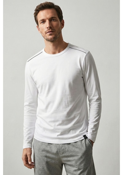 Elemge %100 Pamuk Süprem Uzun Kollu Pijama Üstü Erkek T-shirt Compact Penye Rahat Kalıp Tok Kumaş Beyaz