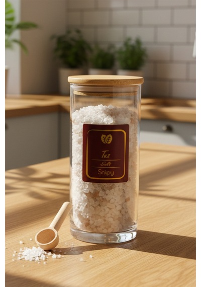 Nare - Bambu Standlı 12'li Vakumlu Kapaklı Ahşap Kaşıklı Etiketli Cam Baharatlık Cam Saklama Kabı