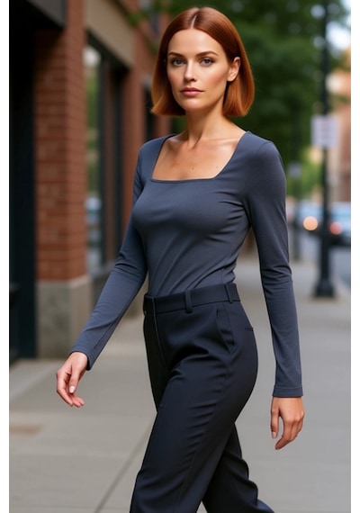 Ersefa Moda Kare Yaka Örme Slim Düz Desen Casual Günlük Regular Uzun Kol Antrasit