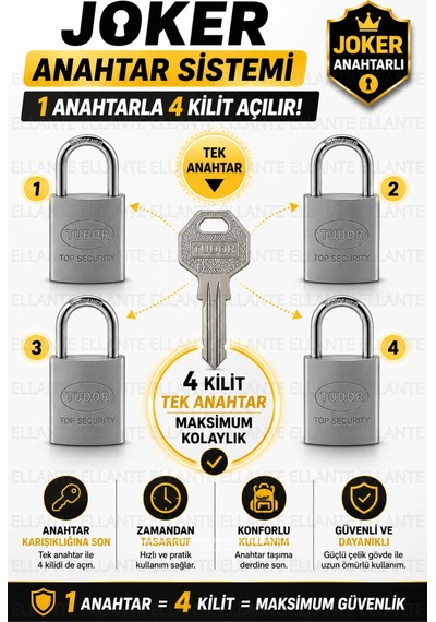 Master 4'lü 60 Mm Joker Anahtarlı Çelik Asma Kilit Seti - Tek Anahtarla 4 Kilit Açılır - Kısa Kancal