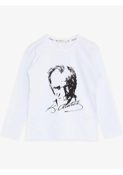 Breeze Çocuk Atatürk Baskılı İnce Uzun Kollu Pamuklu Bluz-13686-beyaz Beyaz