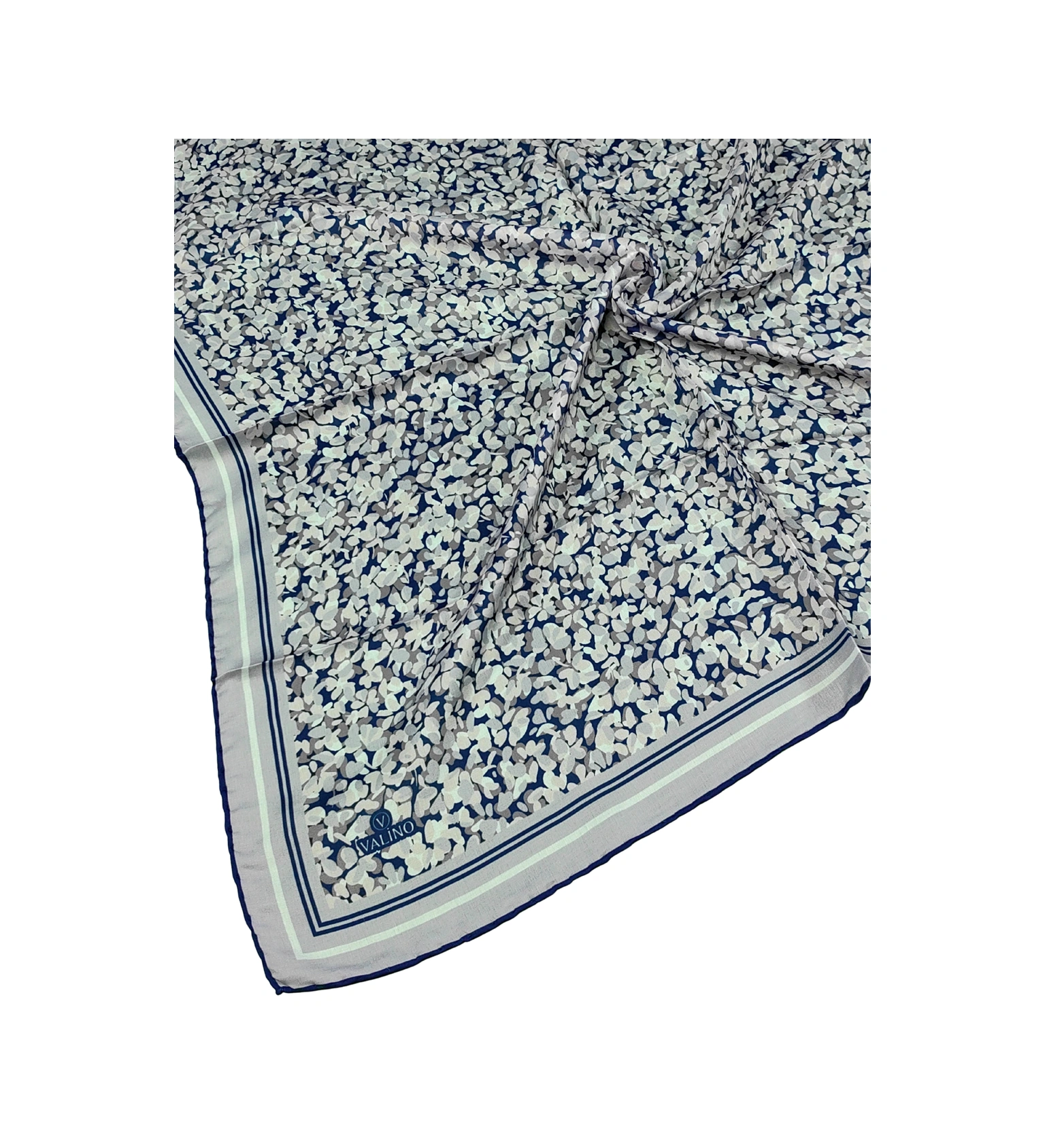 Mim Eşarp Valino Çiçek Desenli Şifon Eşarp 90x90 Cm Gri - Koyu Lacivert