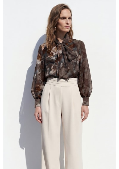 Sateen Fularlı Desenli Gömlek - Kahve-137419