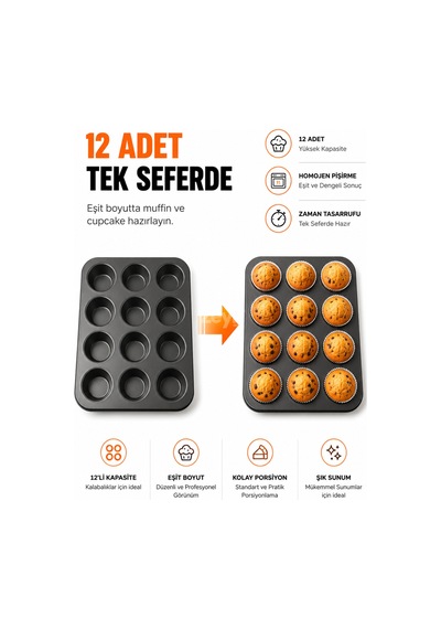 12'li Yapışmaz Muffin Kek Kalıbı Cupcake, Mini Tart Ve Tuzlu Atıştırmalık Pişirme Tepsisi Siyah