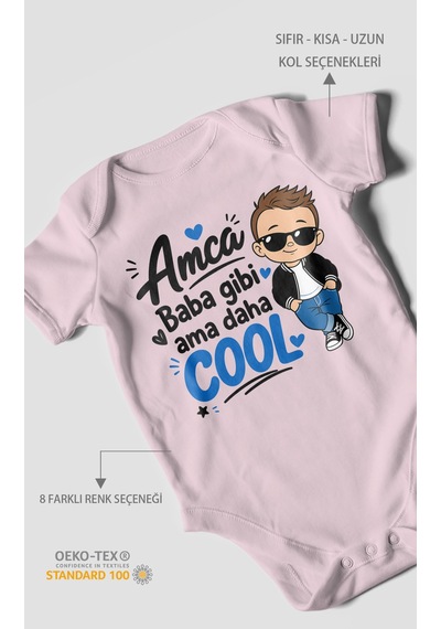 Morivokids Amca Temalı Kısa Kollu Bebek Body %100 Pamuk Bebe Pembe
