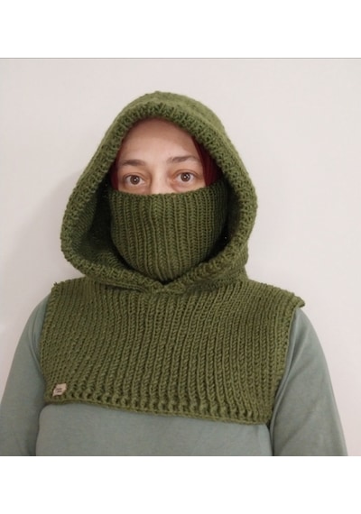 Kemzey Handmade El Yapımı Balaklava, Örgü Şapkalı Boyunluk , Yünlü Şapka Asker Yeşili