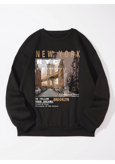Startmore Siyah Unisex Kadın/erkek Newyork Nyc Renkli Oversize Bisiklet Yaka Pamuklu