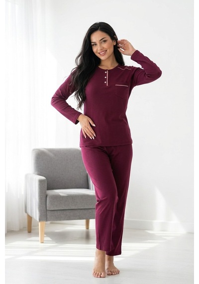 Mataş Kadın Pamuklu Uzun Kollu Üç Düğmeli Biyeli Soft Örme Yumuşak Pijama Takımı Mor
