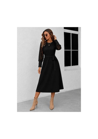 Butik İstanbul Kadın Uzun Kollu Bisiklet Yaka Belden Kuşaklı Midi Waffle Elbise Siyah