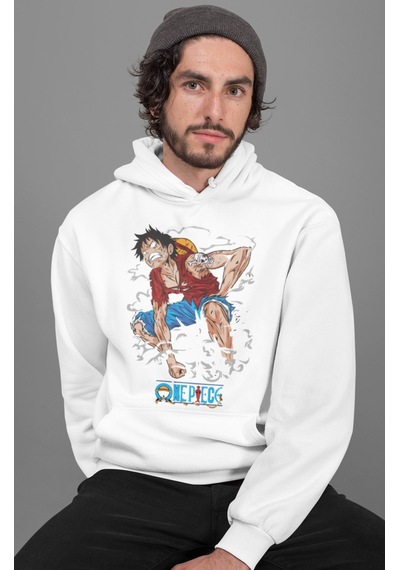Sevbano Monkey D. Luffy Baskılı Unisex Oversize One Piece Anime Hoodie beyaz
