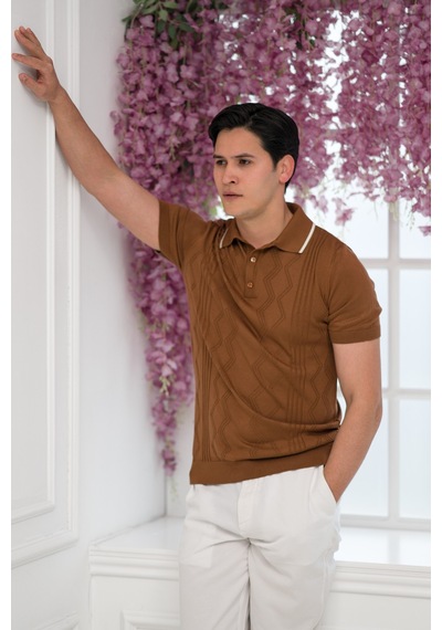 Advante Slimfit Kolları Lastikli Likralı Desenli Polo Yaka Triko T-shirt Taba