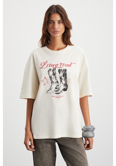 Grımelange Majer Kadın %100 Organik Pamuklu Western Tema Baskılı Regular Fit Krem T-shirt