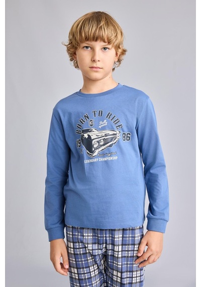 Defacto Regular Fit Baskılı Ve Ekoseli 2li Erkek Çocuk Pijama Takımı H6686a826aube341 Mavi-be341