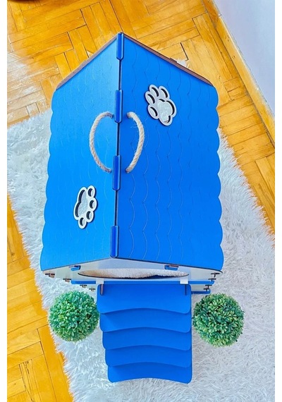 Dekoratif Kedi Evi Teraslı Dublex Mavi