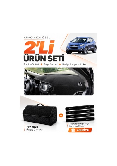 E-biz Hyundai İx35 2009-2015 Uyumlu Torpido Örtüsü + Tay Tüyü Bagaj Çantası Seti - Siyah - Hu006